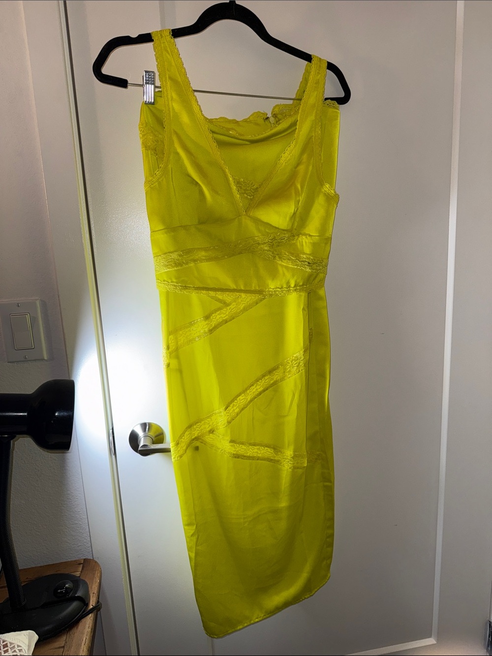 Meshki Neon Yellow Lace-Trim Midi Slip Dress